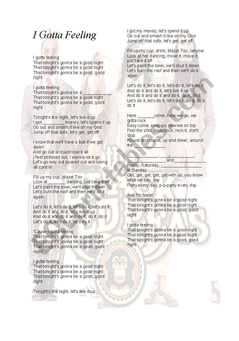 I gotta feeling - Song worksheet