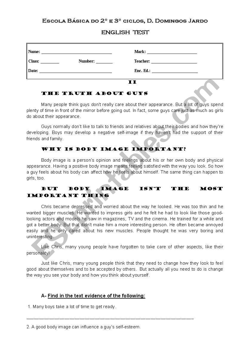 Test-The Truth about Guys worksheet