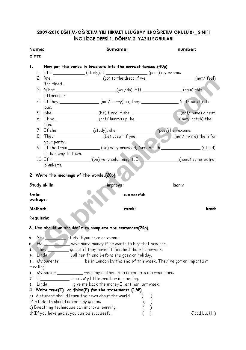 8th grade 2nd exam worksheet