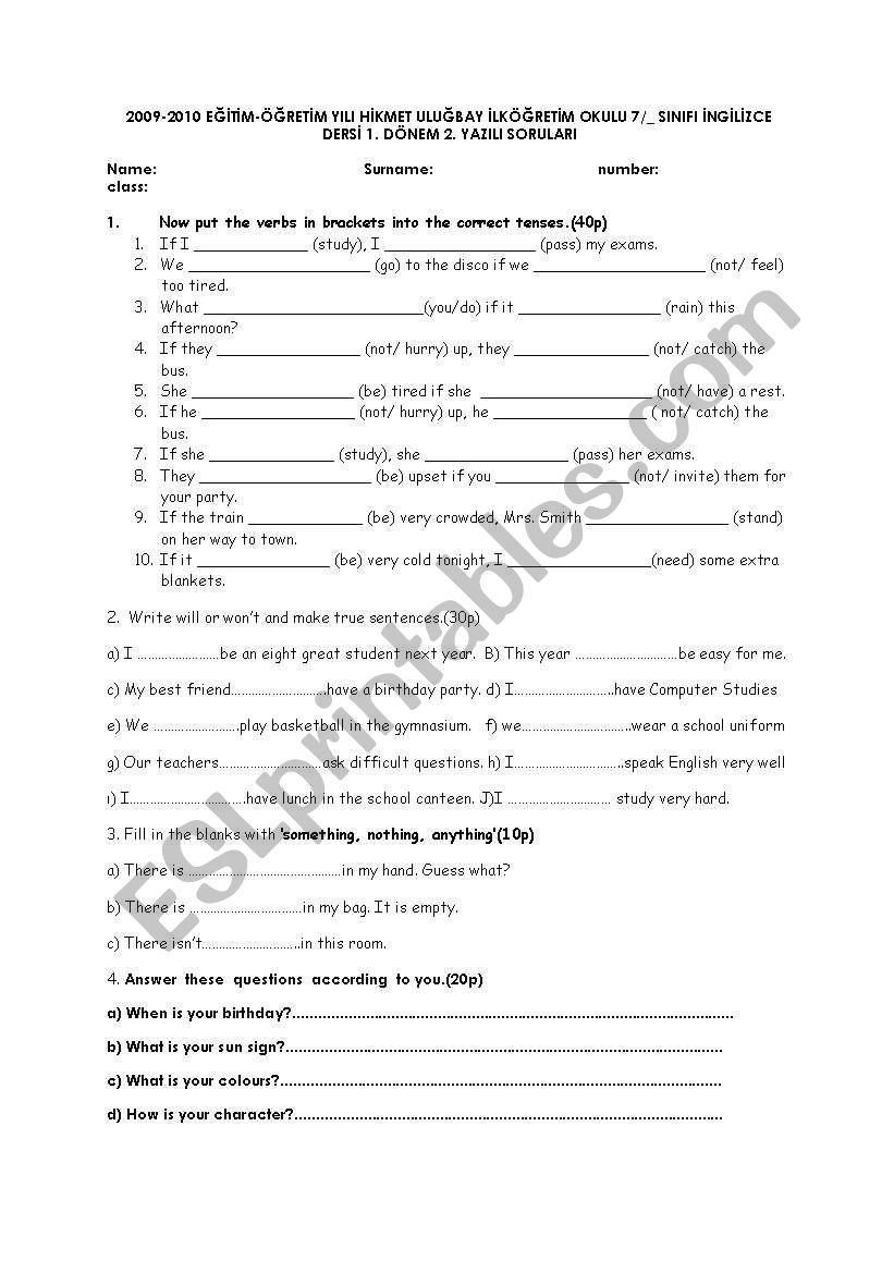 7th grade 2nd exam worksheet