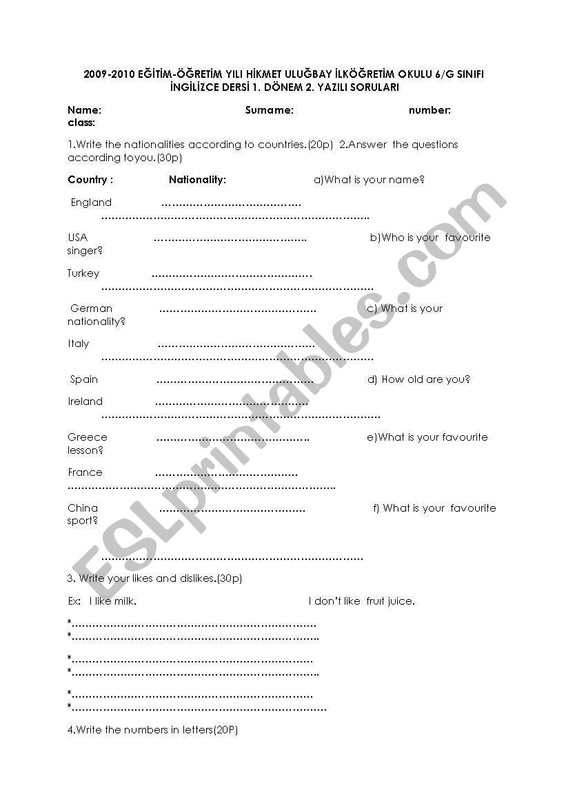 6th grade 2.exam worksheet
