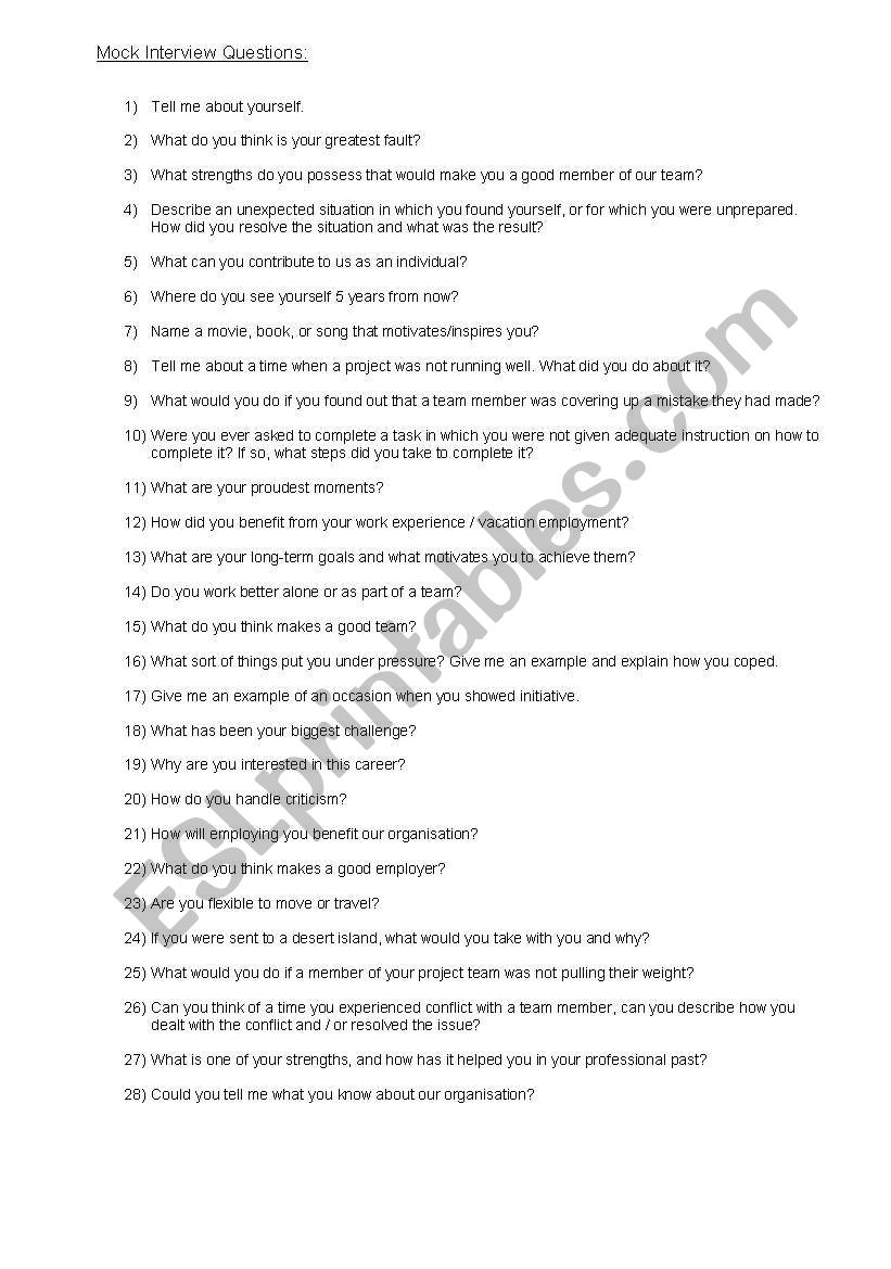 Mock Interview Questions worksheet