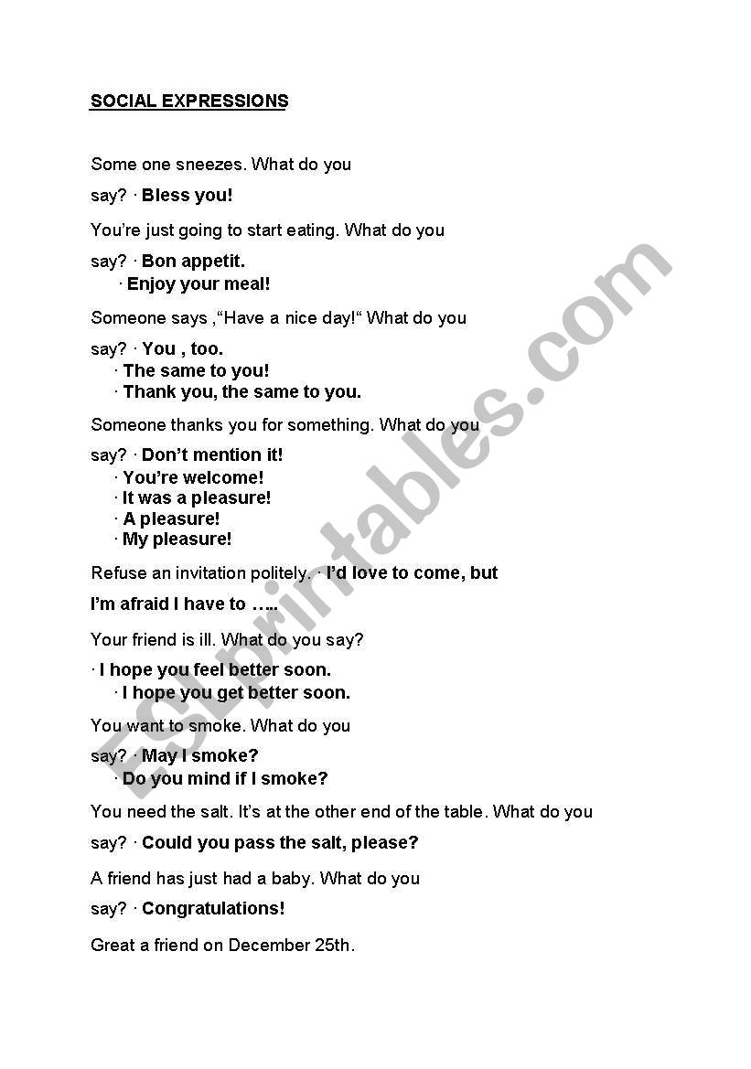 Social Expressions worksheet