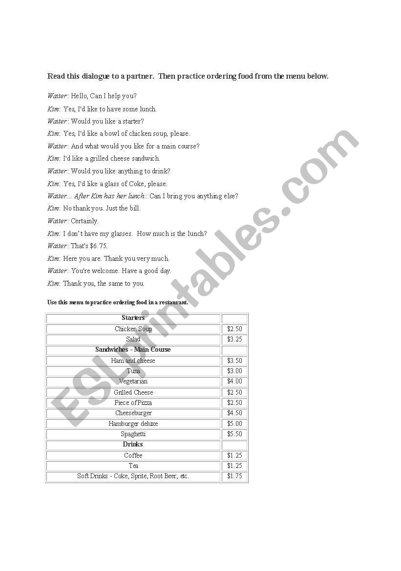 Restaurant Conversation worksheet