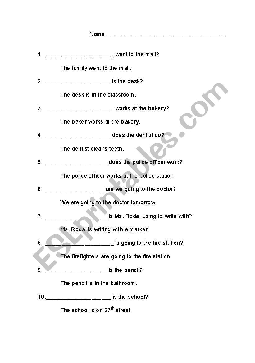 W Questions worksheet