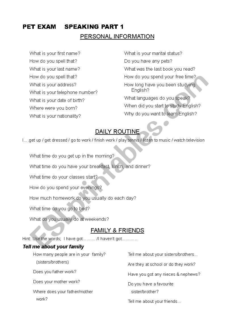 Pet speaking exam part 1 worksheet