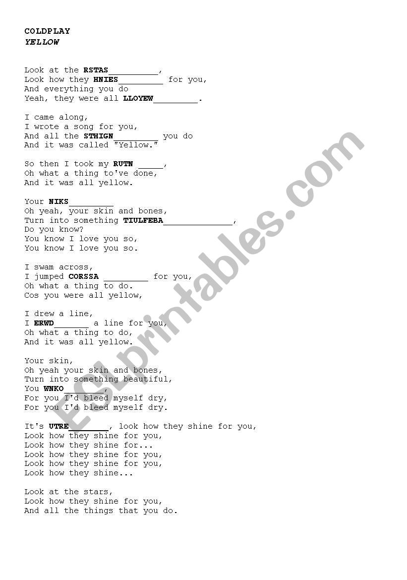 Coldplay_Yellow worksheet