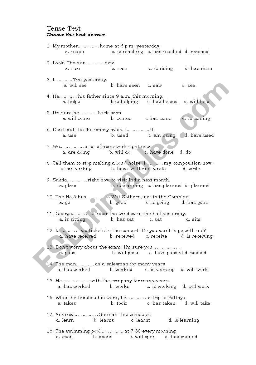 tense test worksheet