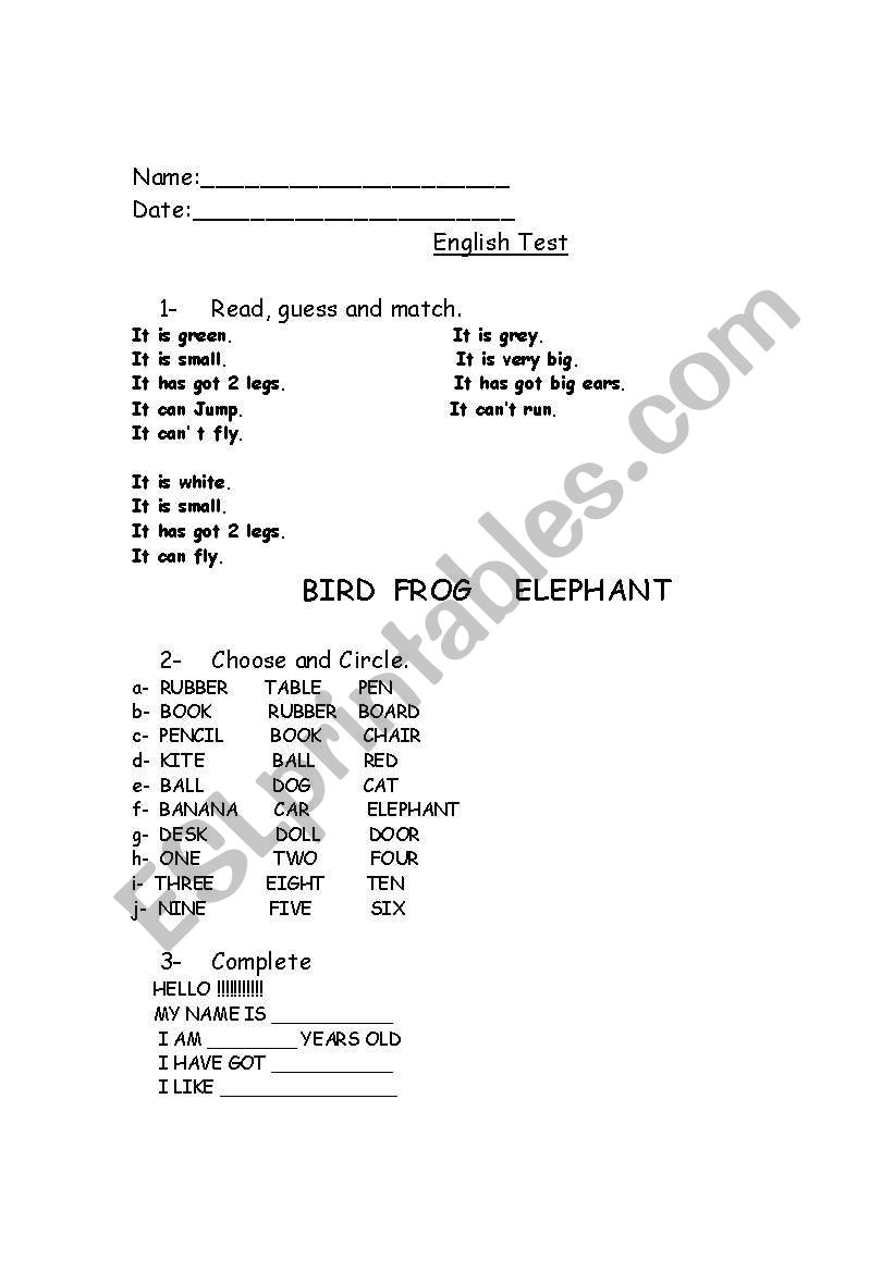 Tes for Elementary  worksheet