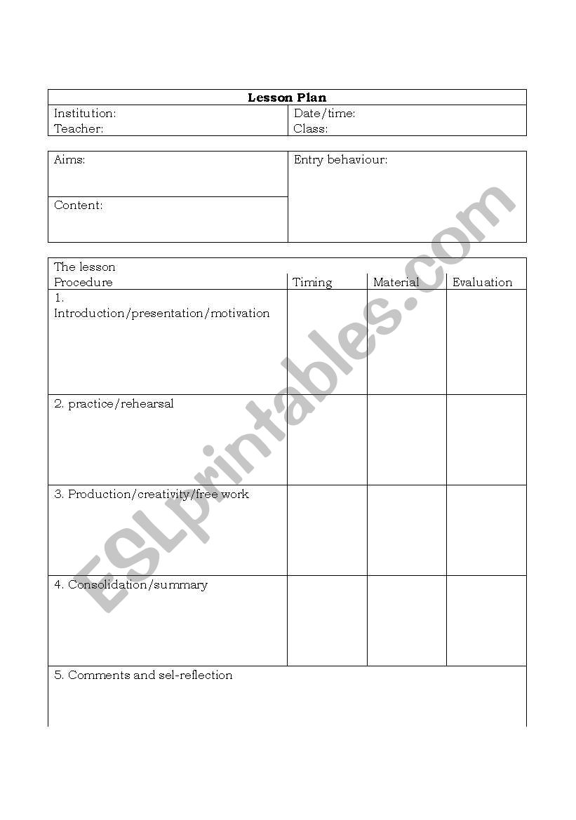 A LESSON PLAN worksheet