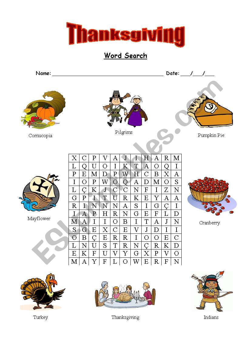 Thanksgiving word search worksheet