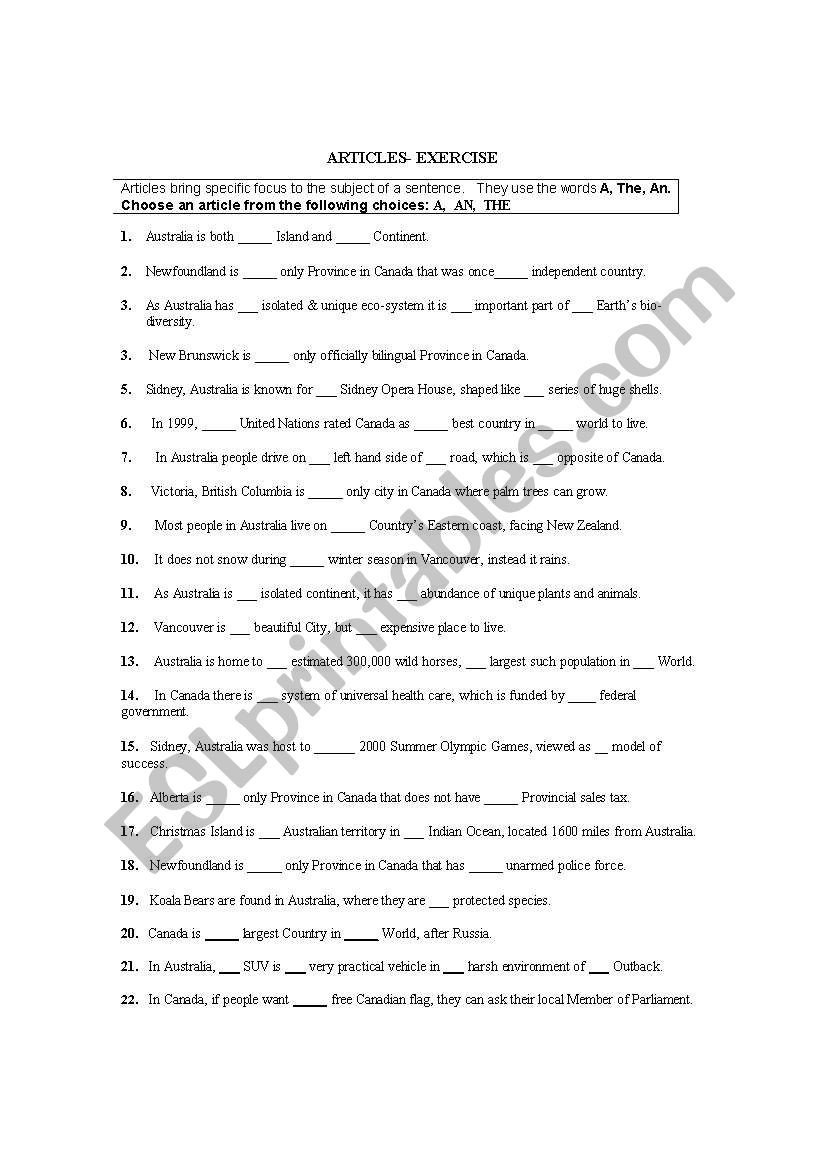 Articles- Canada & Australia worksheet