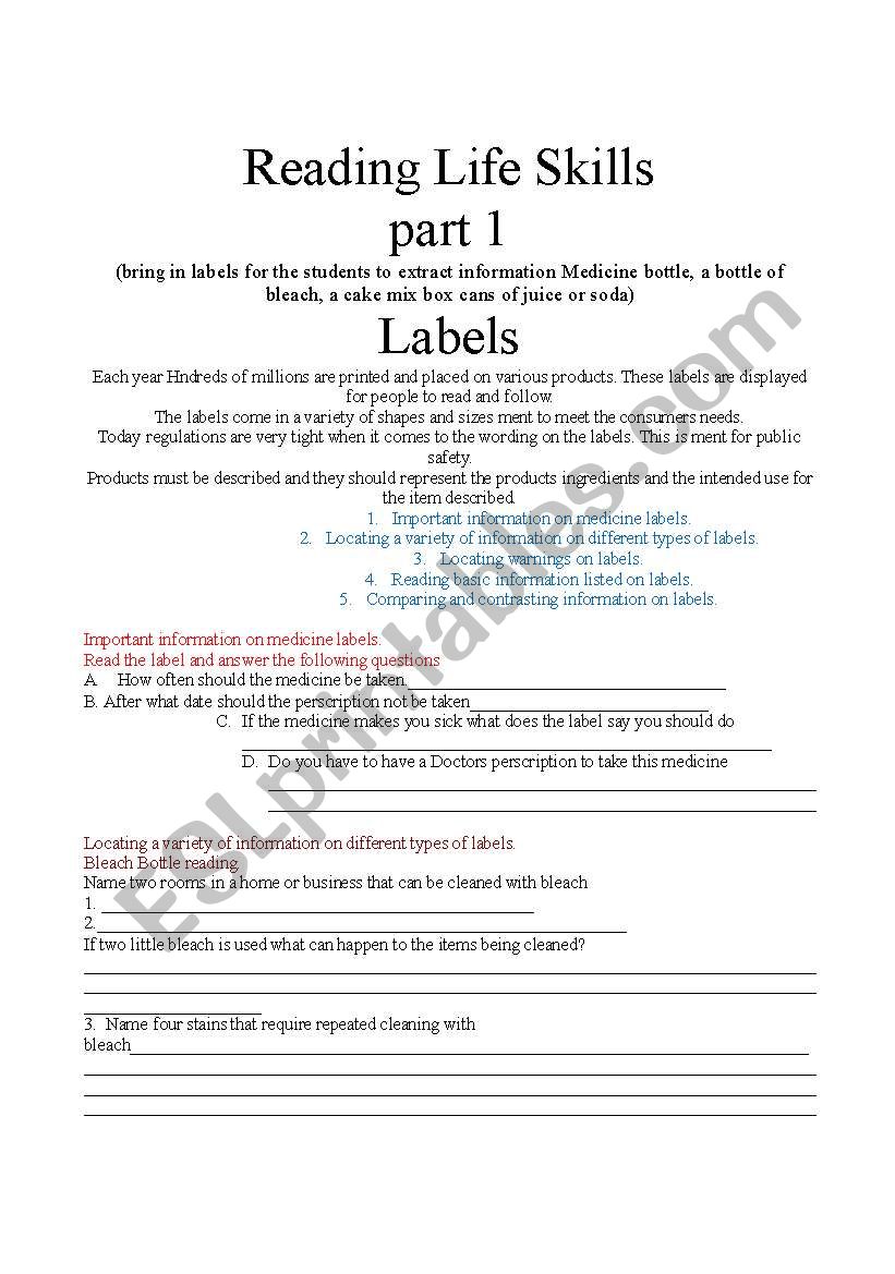 Reading Life skills  worksheet