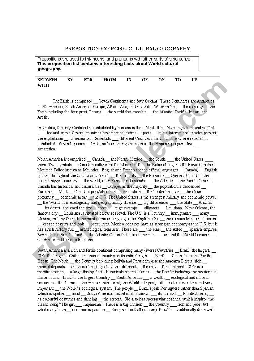 Prepositions- Cultural Geography (Exercise and answer key)