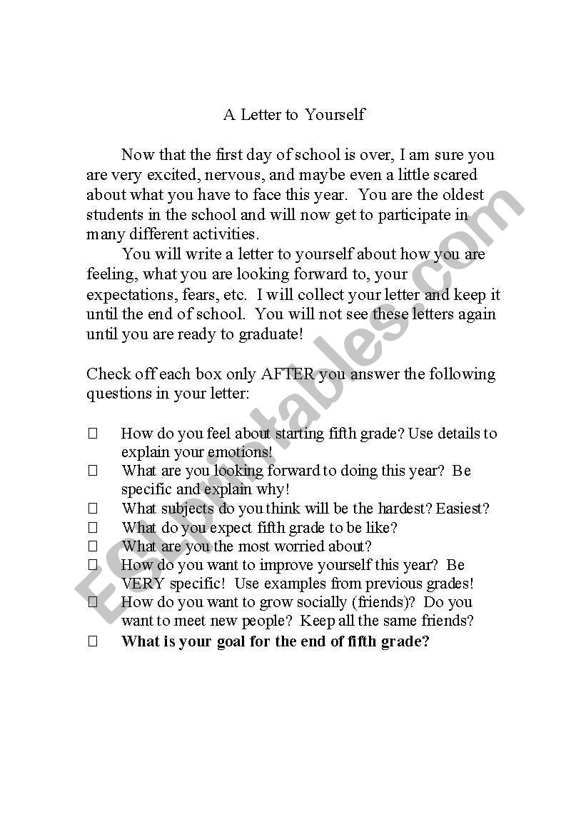 1st Day of School - Letter to Yourself
