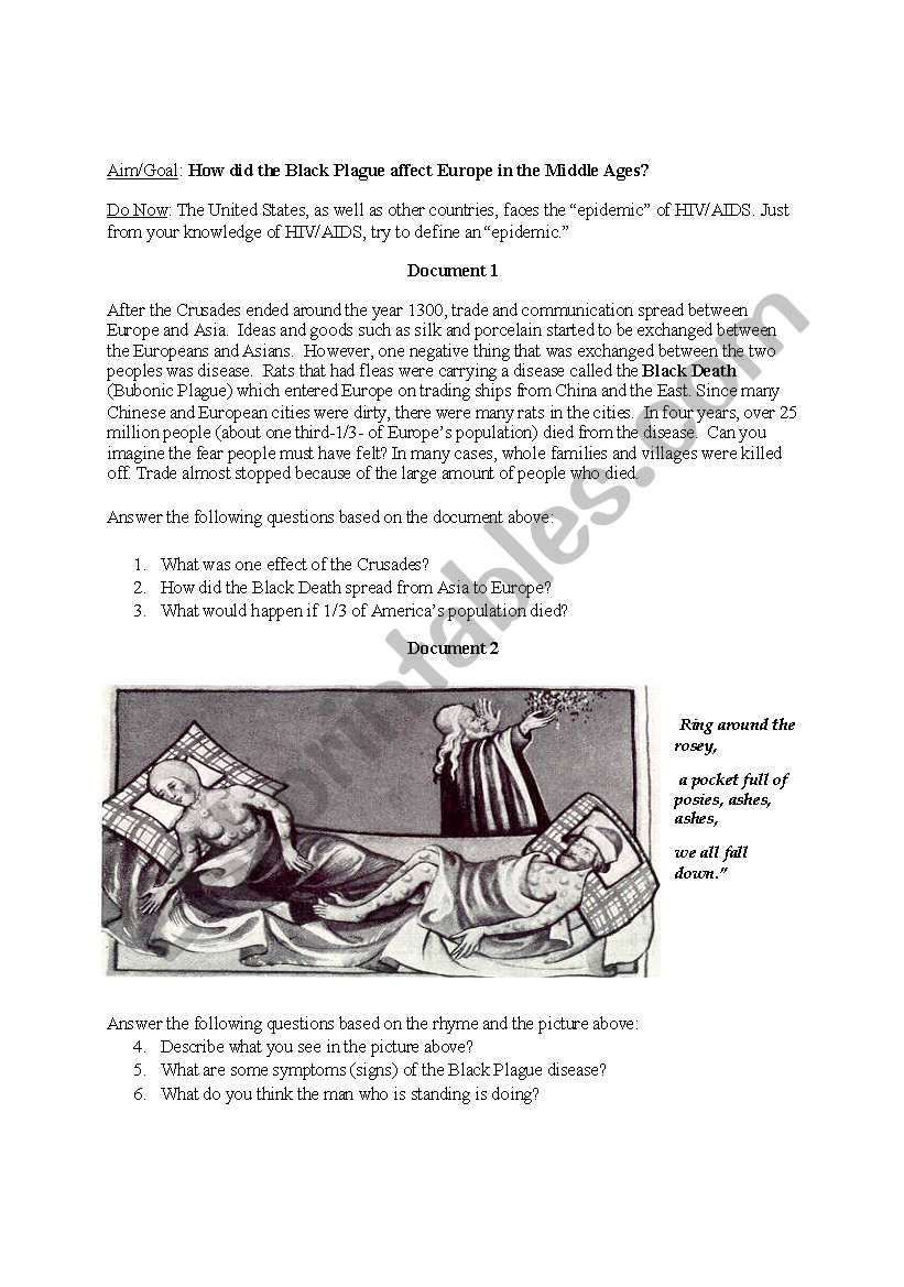 Black Death Handout (Bubonic Plague)- The Middle Ages