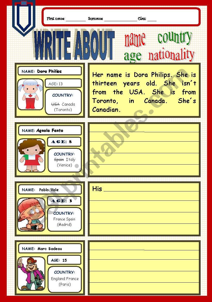 Write about name,age, country and nationality - ESL worksheet by