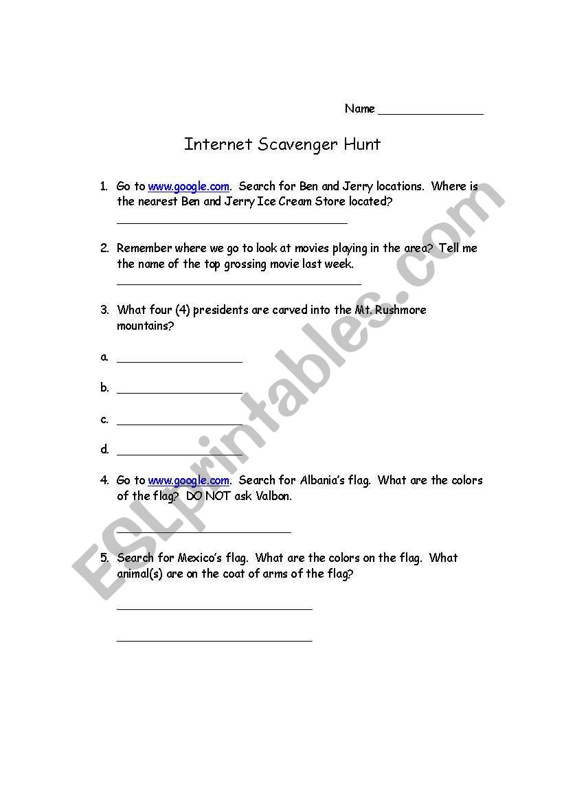 Scavenger Hunt #5 worksheet