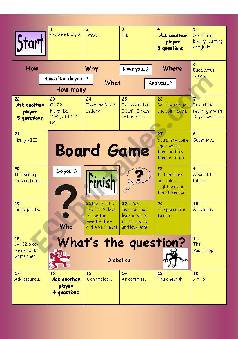 Board Game - What´s the Question (Diabolical) - ESL worksheet by PhilipR