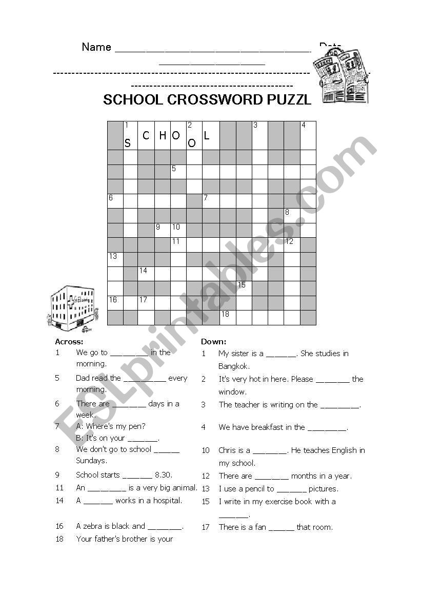 school crossword puzzle worksheet
