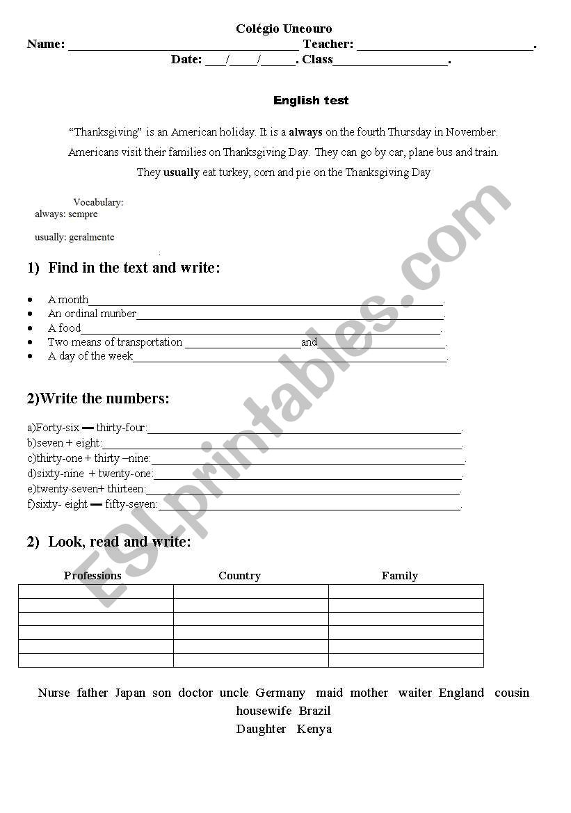 english test worksheet