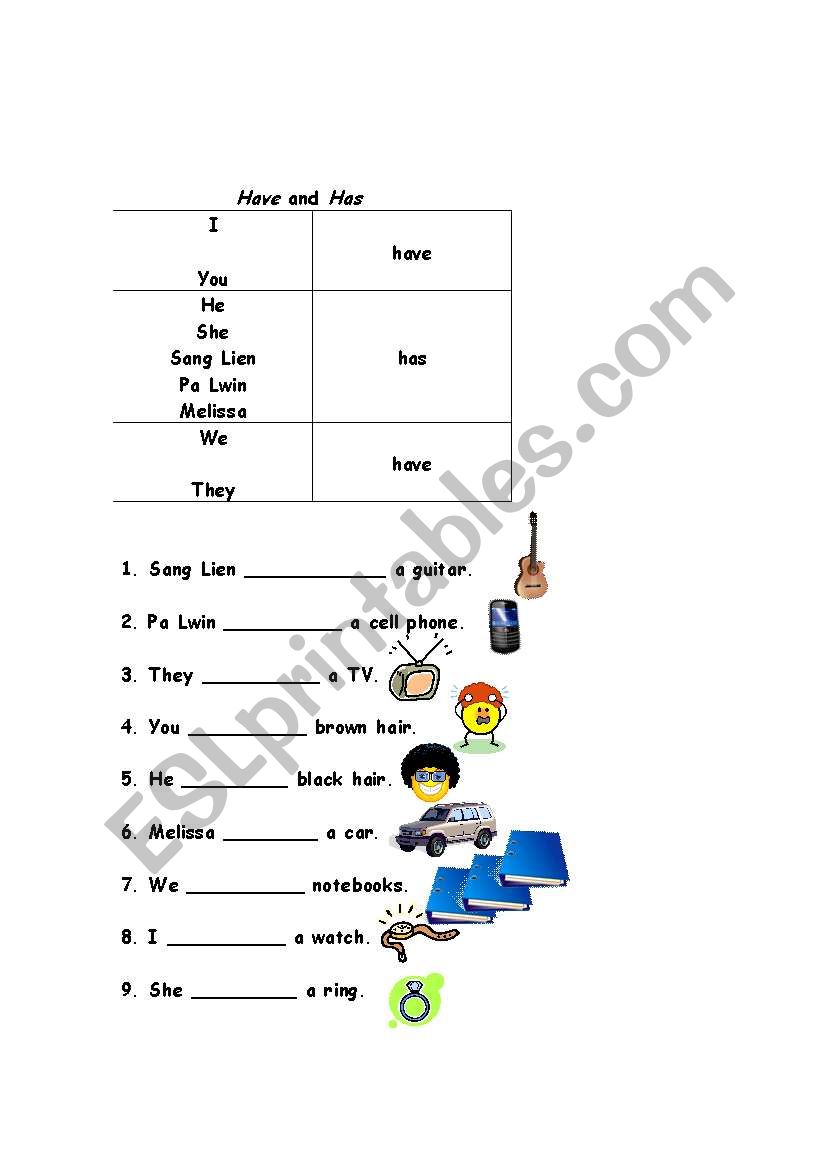 Have and Has worksheet