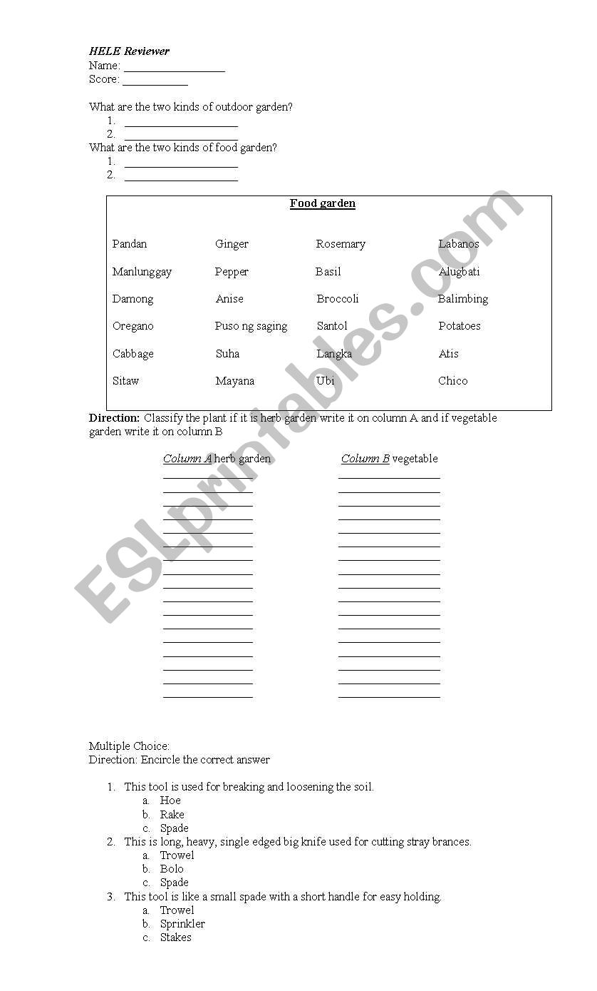 Food Gardening tools worksheet