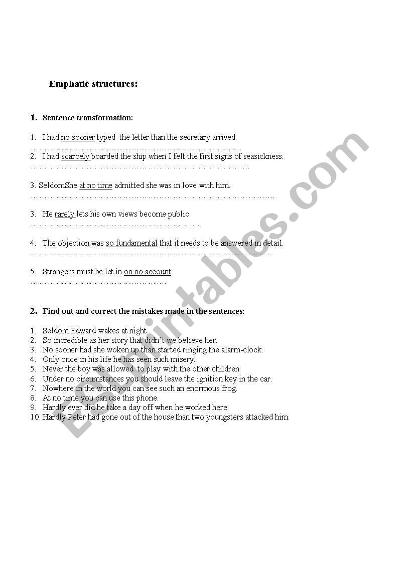 Emphatic structure worksheet