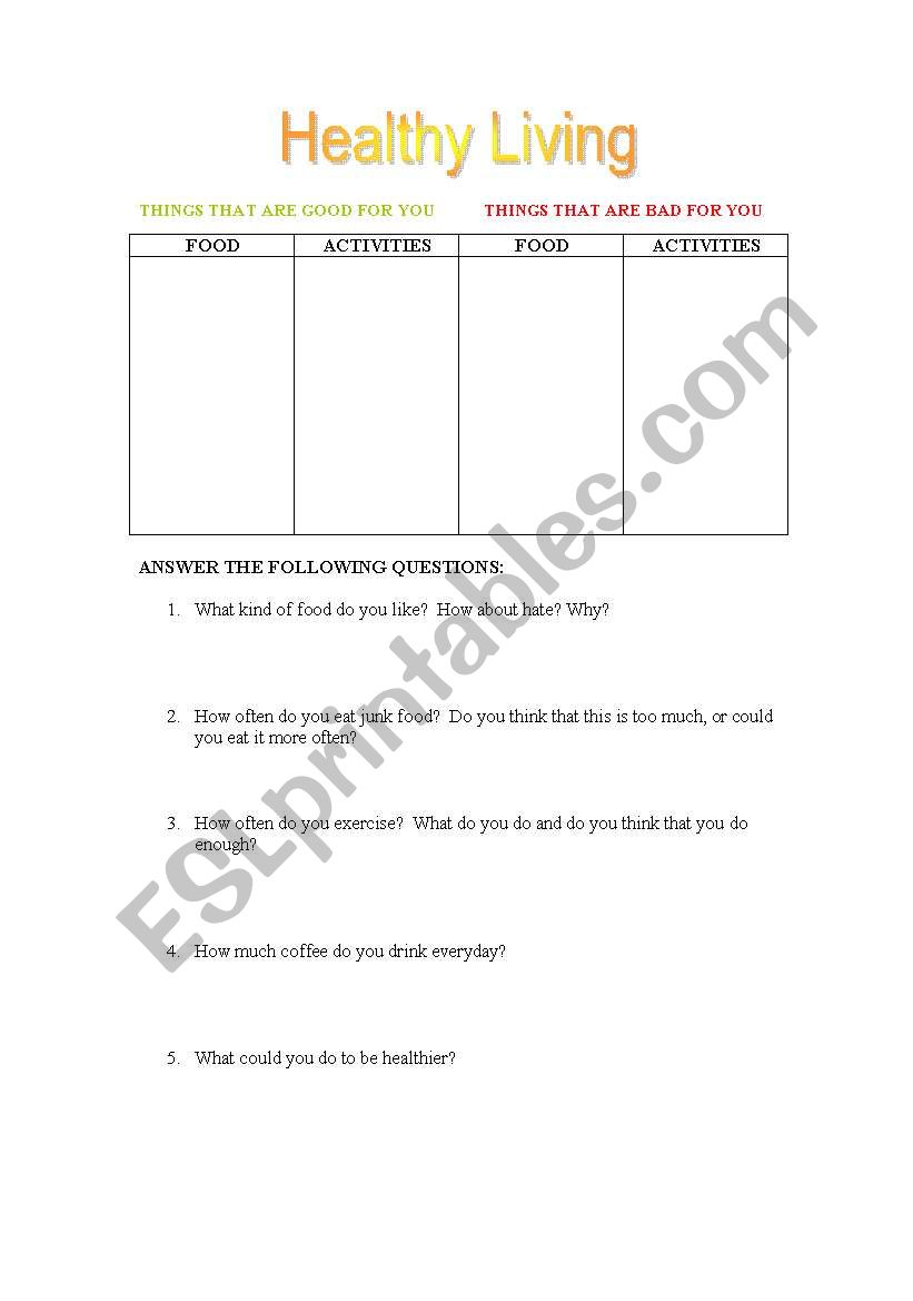 Healthy Living worksheet