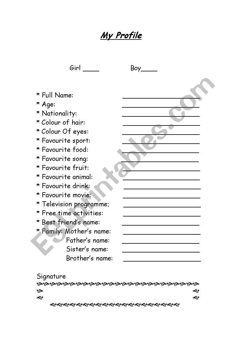 My Profile worksheet