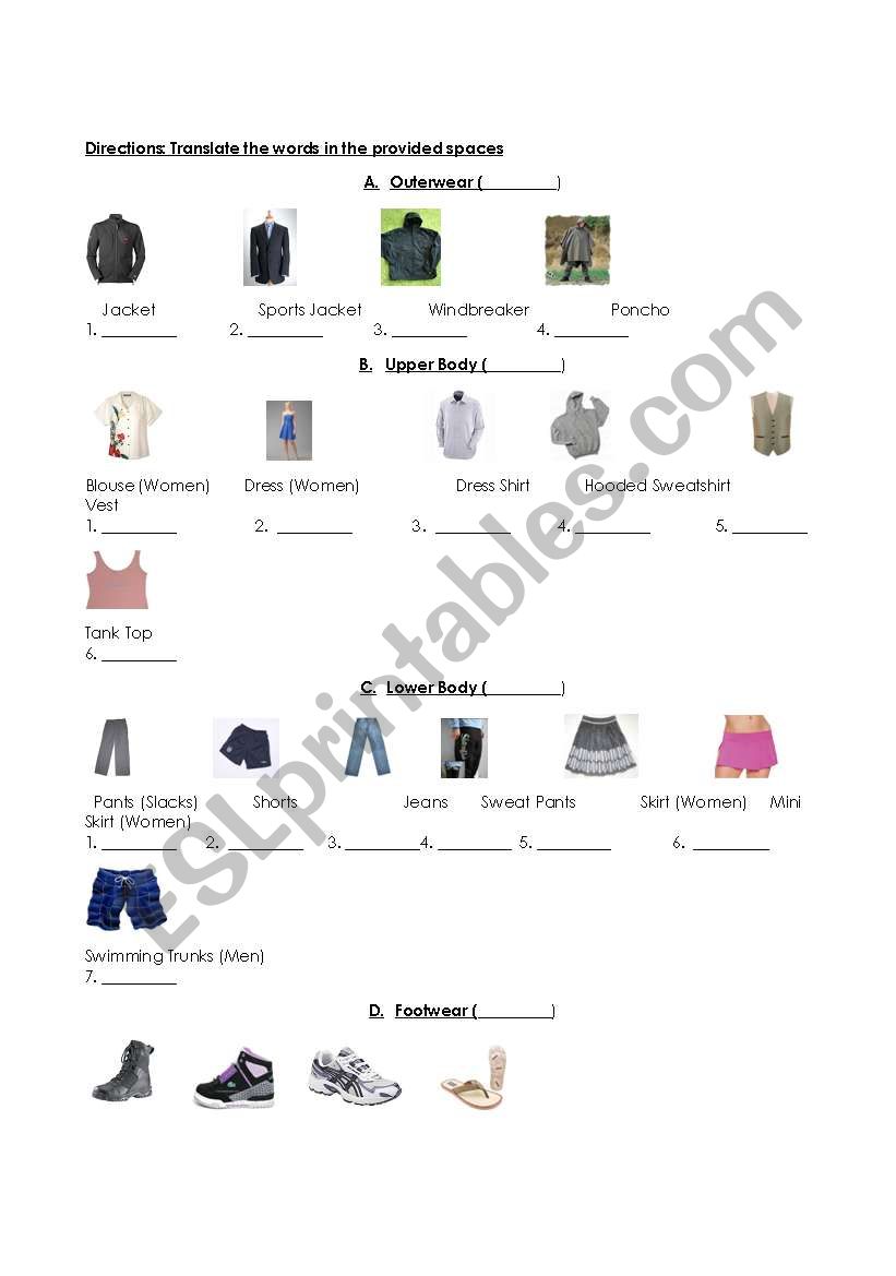 Clothing: Picture Dictionary - Translation Worksheet