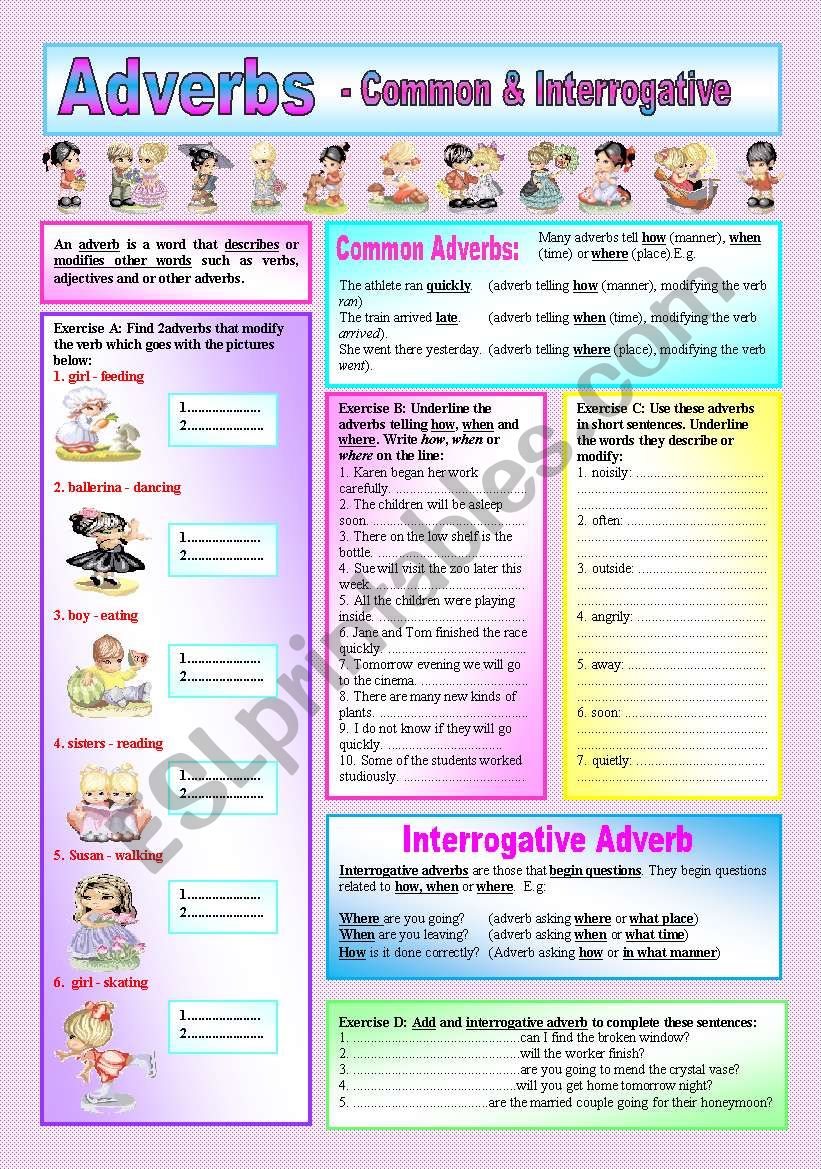 ADVERBS - Common & Interrogative Adverbs - (( descriptions & over 30 Sentences to complete )) -Elementary/intermediate - (( B&W VERSION INCLUDED ))