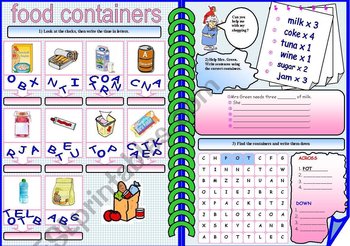 food containers worksheet