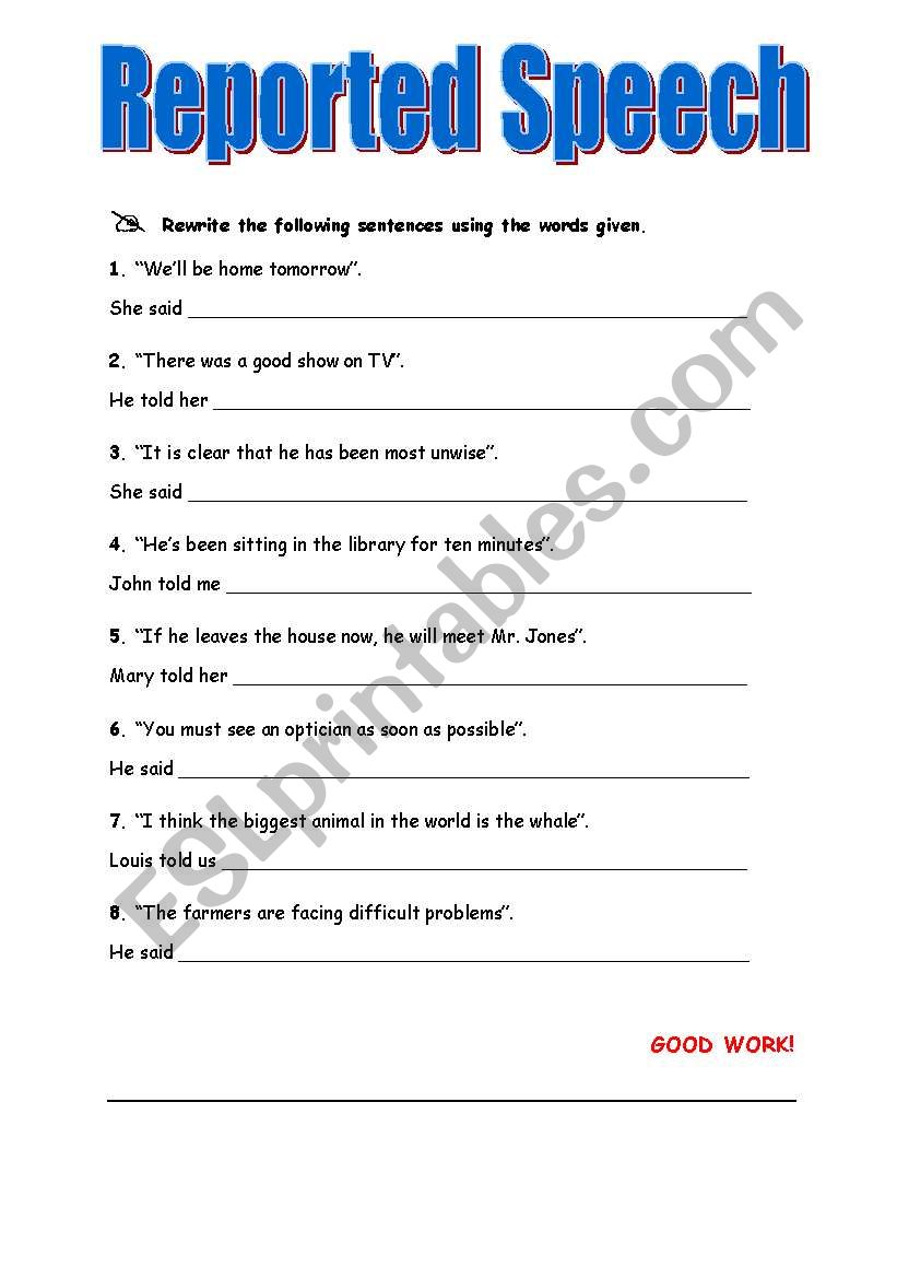 REPORTED SPEECH worksheet