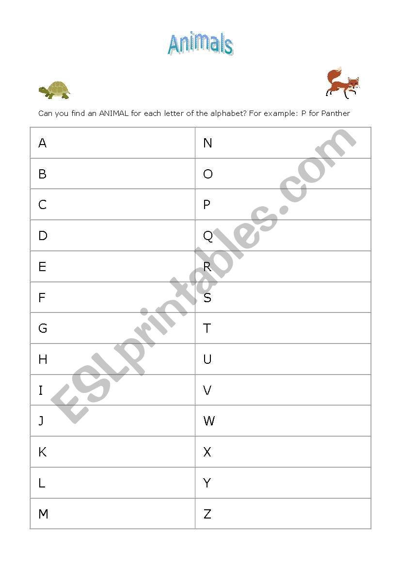 The animals worksheet