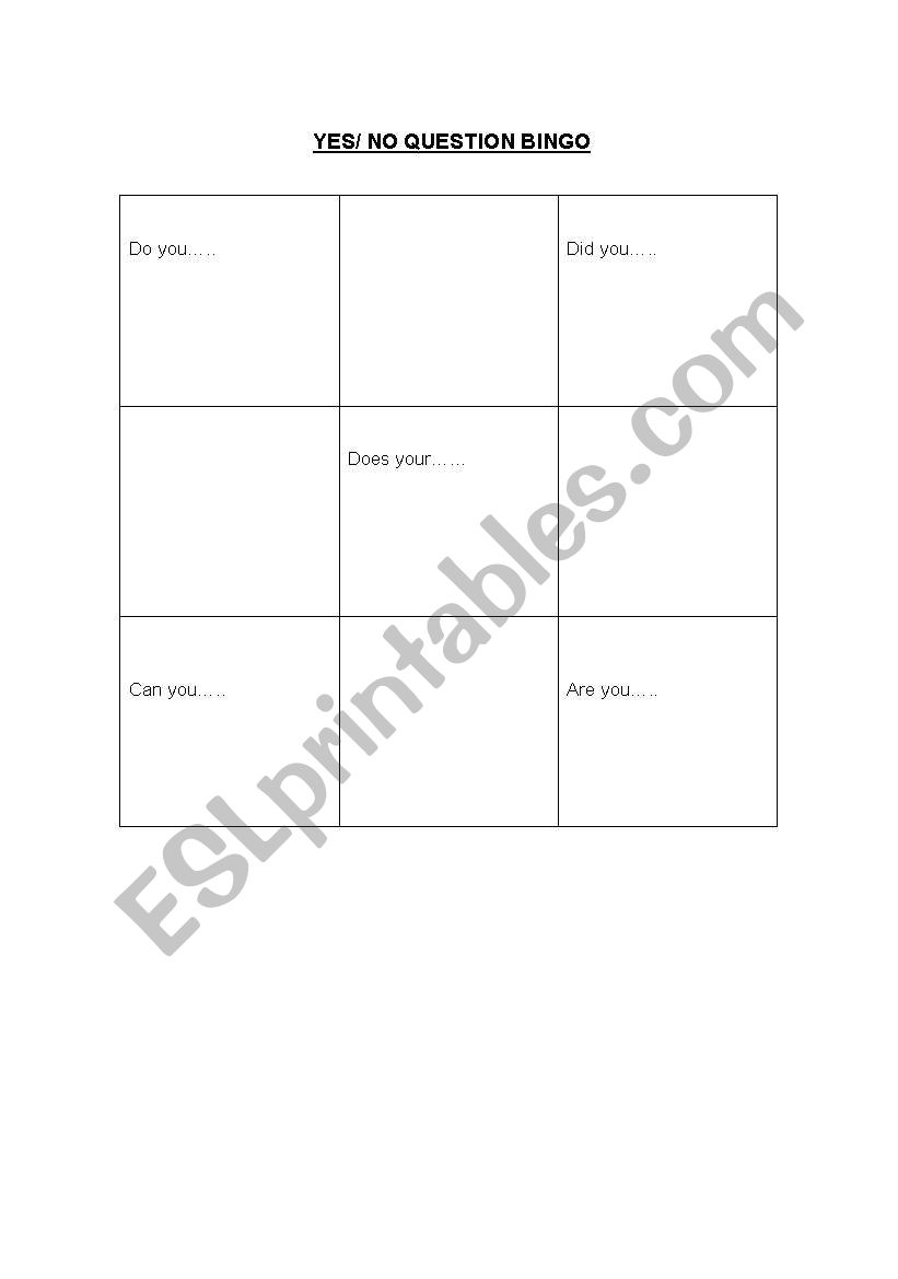 YES/NO QUESTION BINGO worksheet