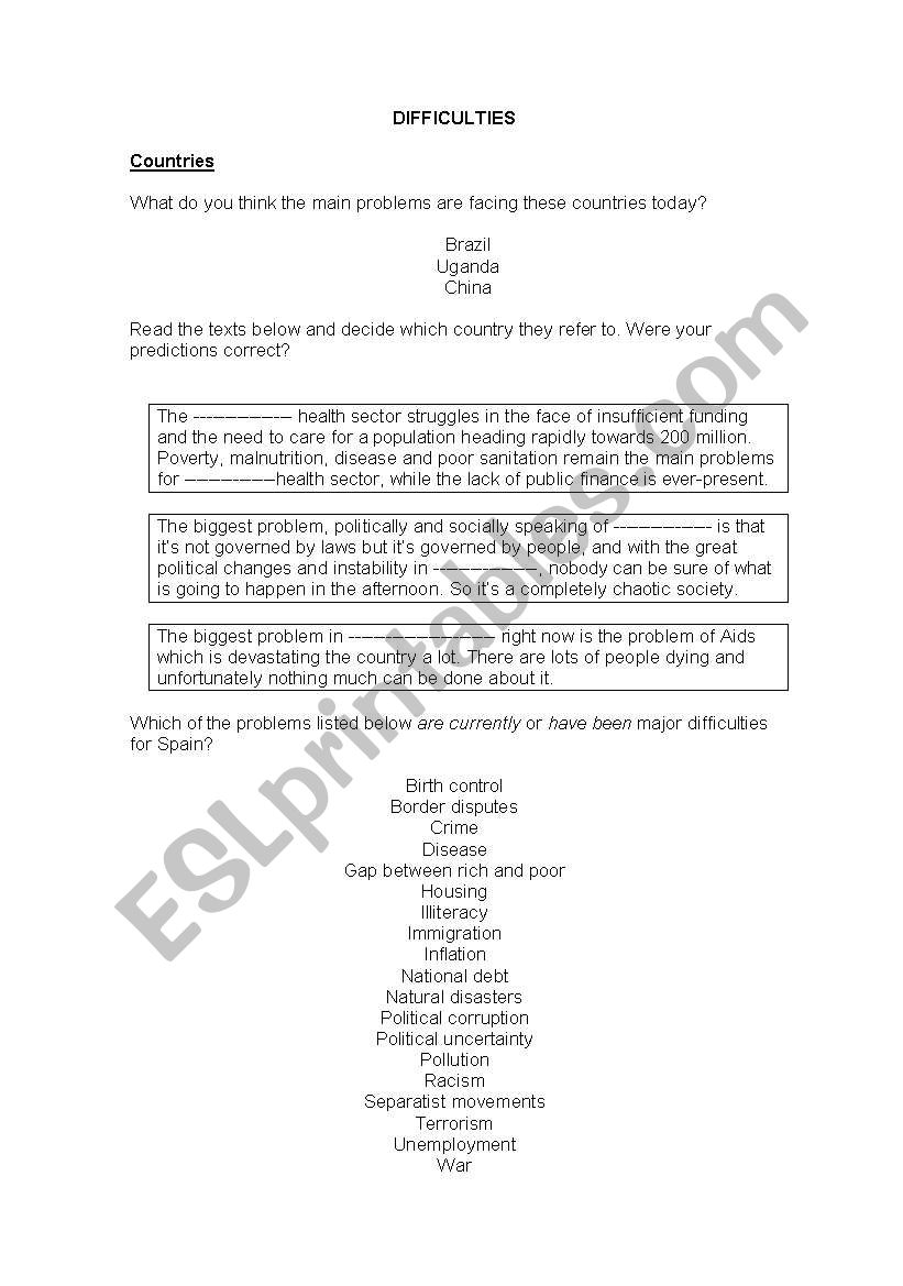 Difficulties class discussion worksheet