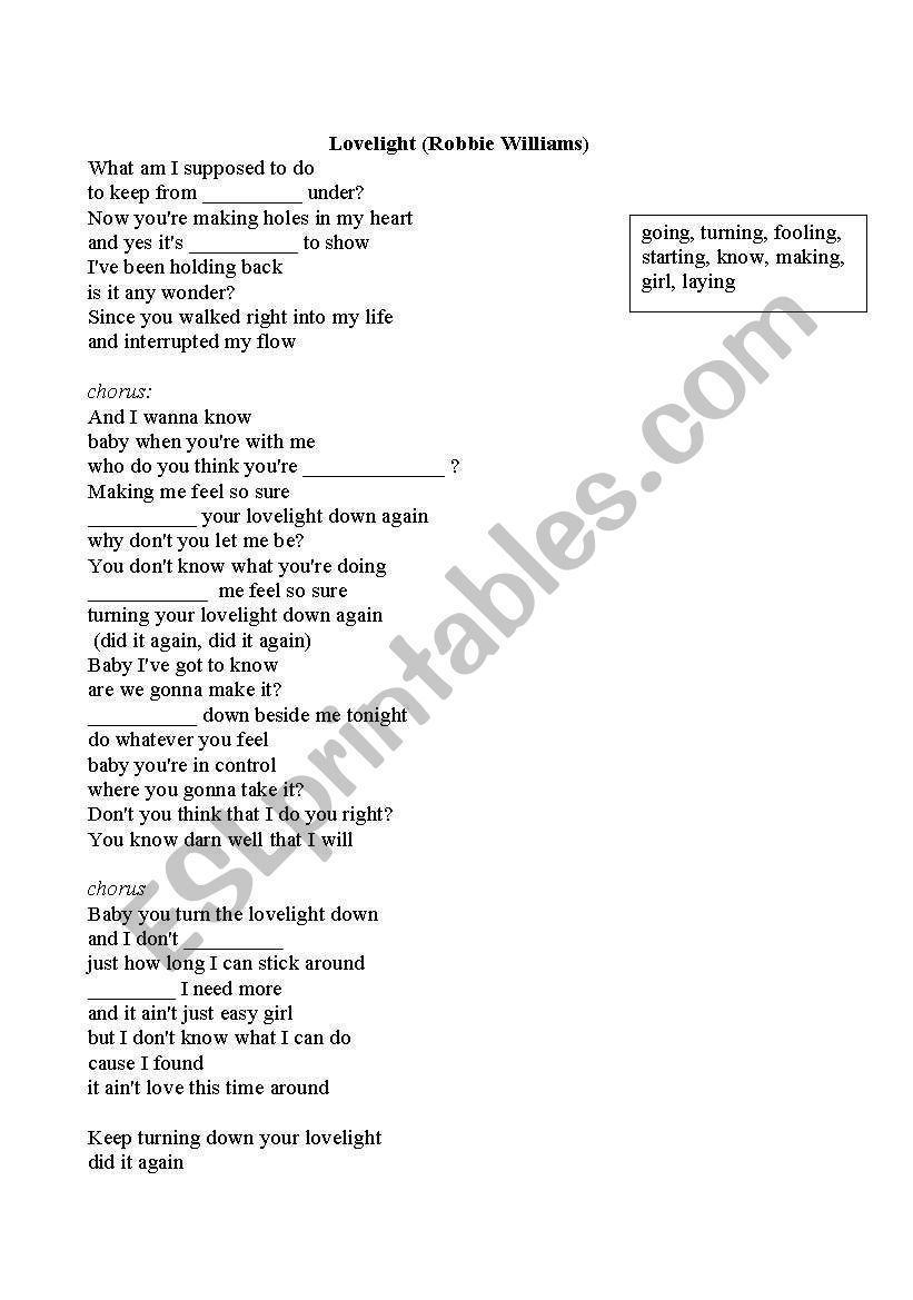 Lovelight song worksheet