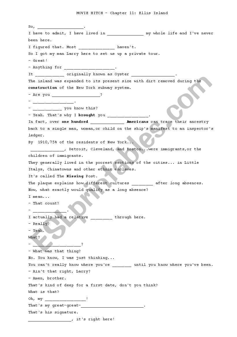 Worksheet: Movie Hitch oral comprehension (chapter 11, Ellis Island)