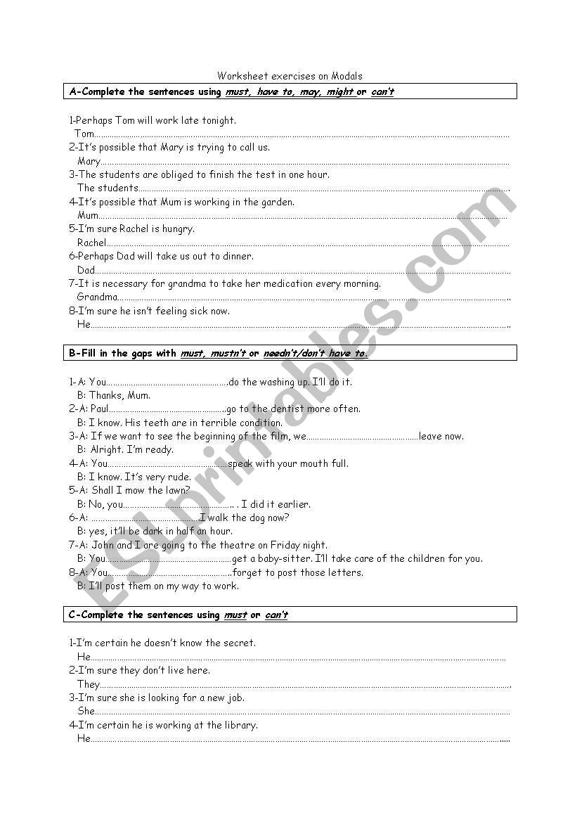 exercises on modals worksheet