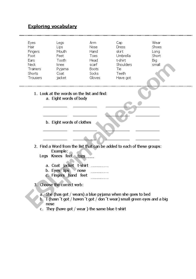 body and clothes worksheet