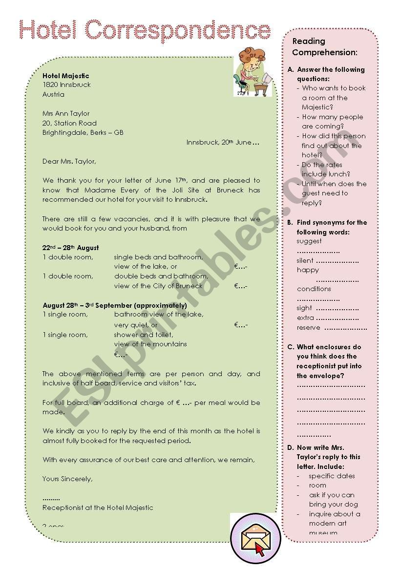 Hotel Correspondence (Hotel letter with exercises - b/w and answer key included) 