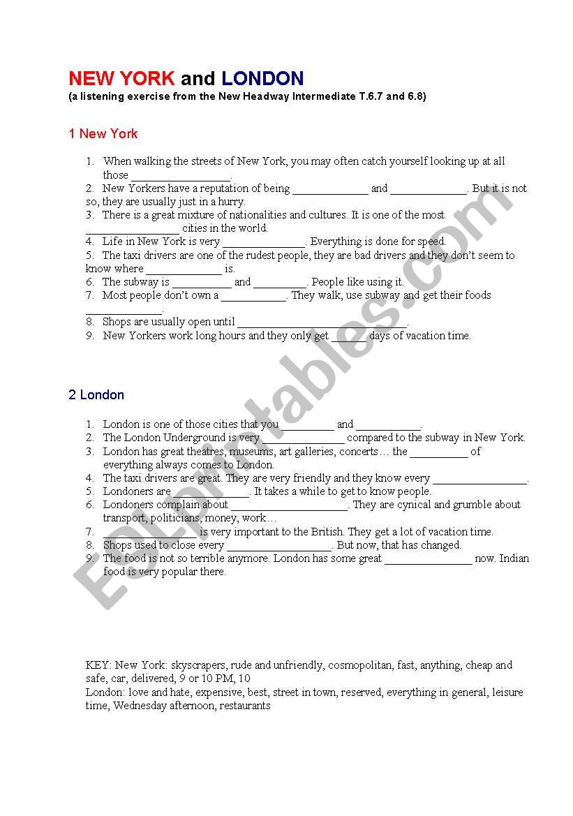 New York and London  worksheet