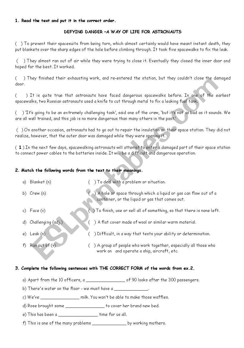 TEXT ABOUT ASTRONAUTS worksheet