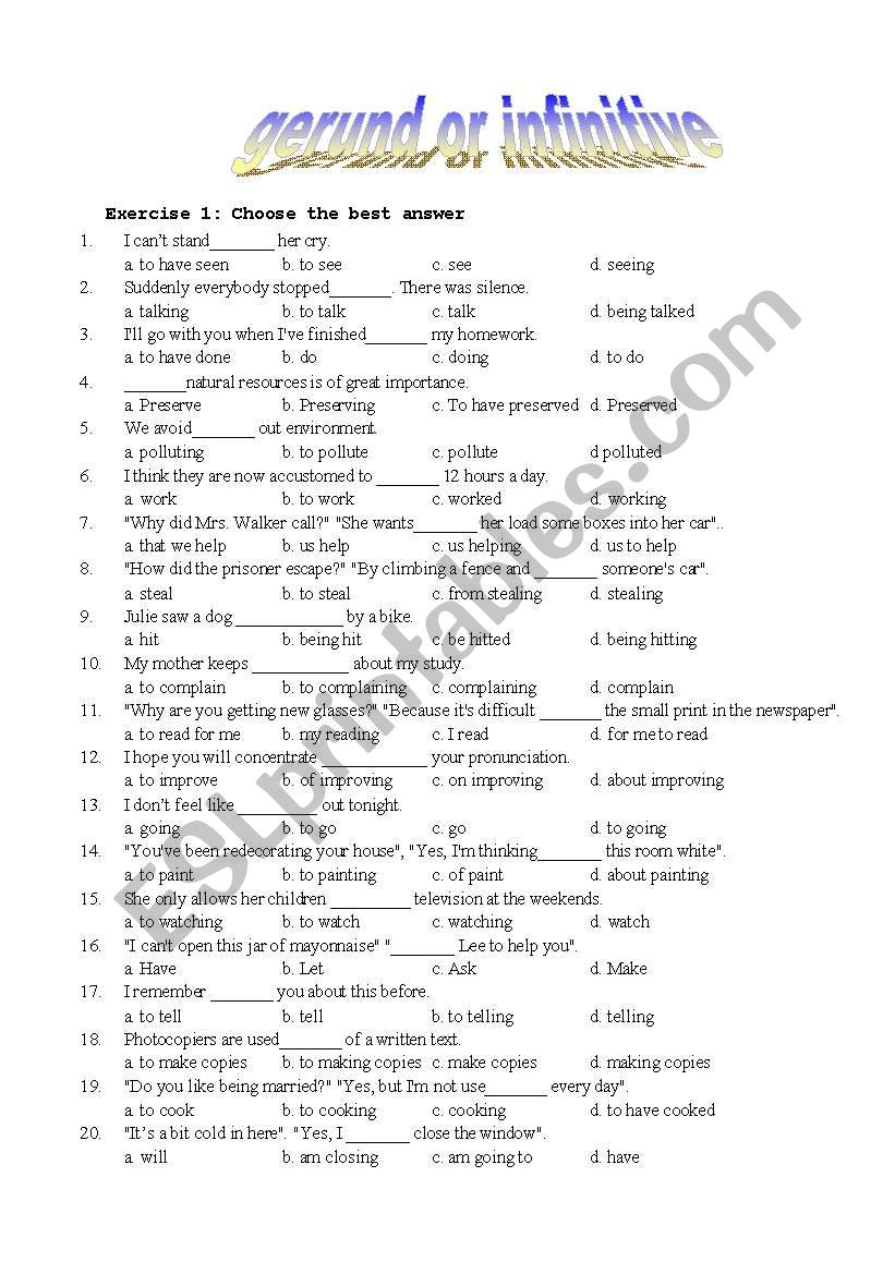 gerund or infinitive worksheet