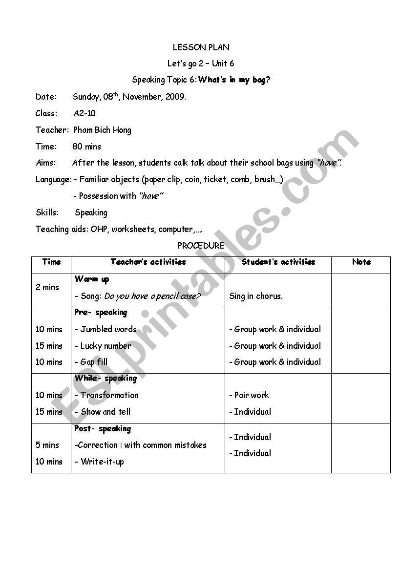 English Worksheets Lesson Plan