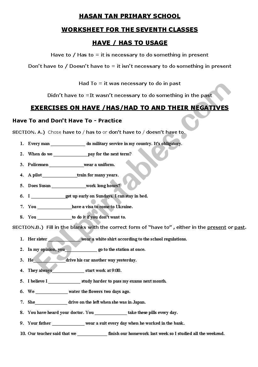HAVE TO / HAS TO USAGE worksheet