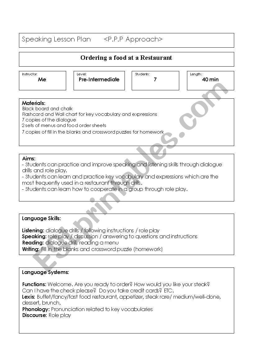 ordering food at restaurant worksheet