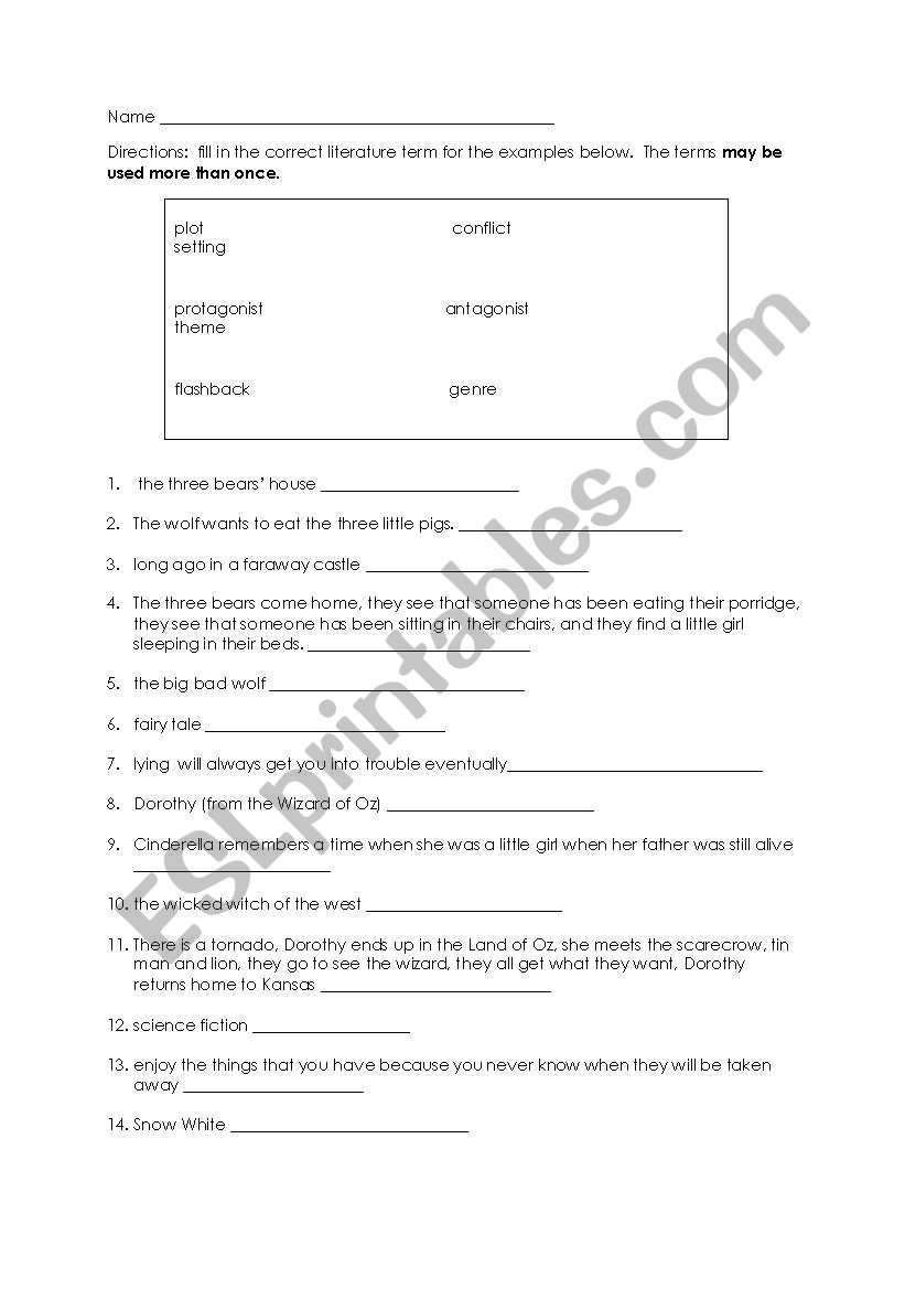 Literature terms homework worksheet