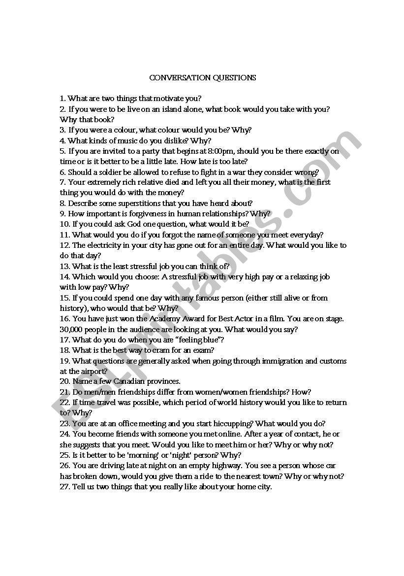 Random Conversation Questions worksheet